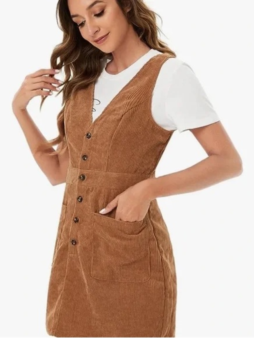 Corduroy Button-Front Pinafore Dress in Camel Brown